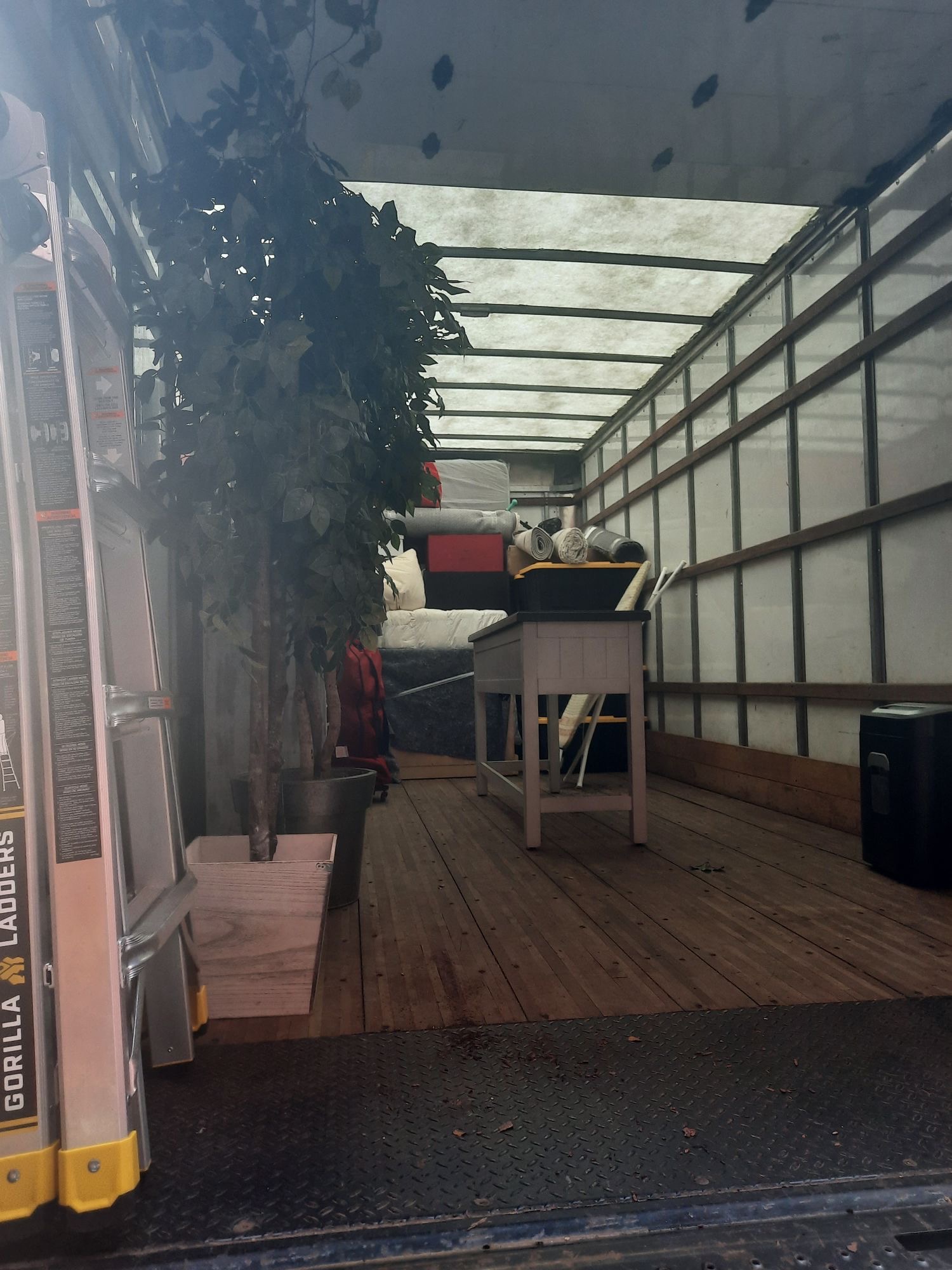 Inside a moving truck mid-load with a desk, potted tree, rolled rugs and a ladder secured along the wall
